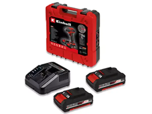Červený přepravní kufr Einhell, dva akumulátory Power X-Change a nabíječka leží vedle sebe.