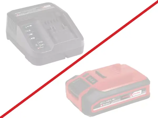 Vyobrazená nabíječka a akumulátor se šikmým červeným přeškrtnutím, upozornění na nepřiložené příslušenství.