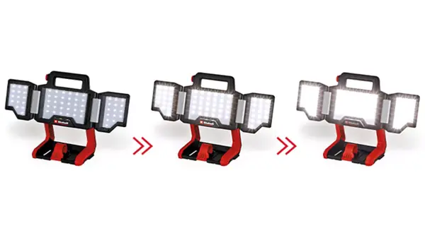 Akumulátorová lampa Einhell TP-CL 18/3000 Li - Solo ve třech vedle sebe zobrazených režimech s různou intenzitou světla.