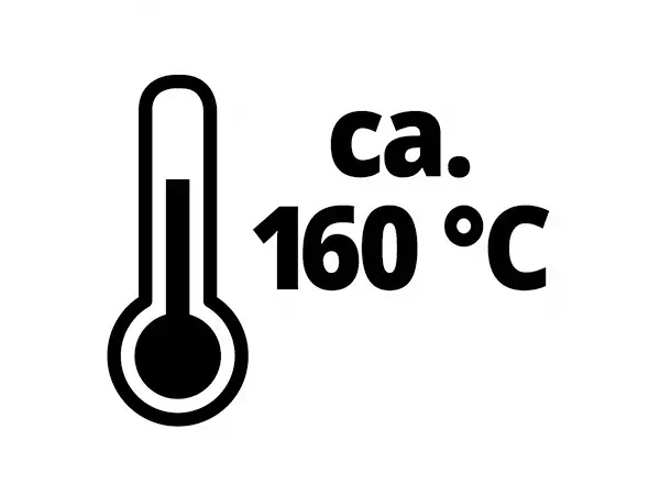 Symbol s teploměrem a textem „cca 160 °C“ jako upozornění na maximální provozní teplotu.