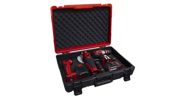 Kufr Einhell E-Box M55/40 s několika nástroji v pěnové vložce, otevřený.