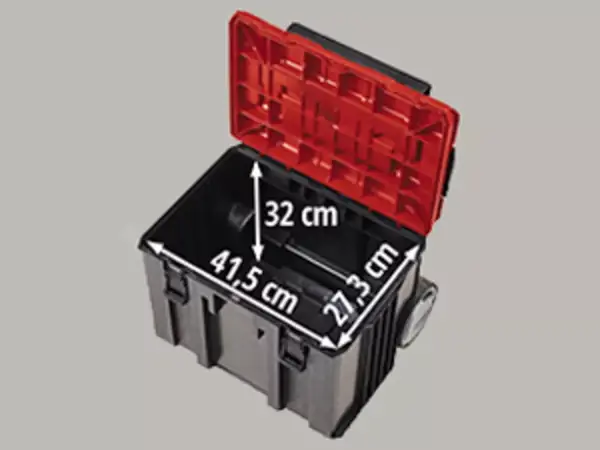Kufr Einhell E-Case L with wheels nabízí vnitřní rozměry 32 cm výška, 45,5 cm šířka a 31 cm hloubka.