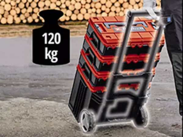 Kufr Einhell E-Case L with wheels unese až 120 kg při stohovaném transportu.
