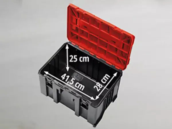 Systémový kufr Einhell E-Case M otevřený, s uvedenou výškou úložného prostoru 25 cm.